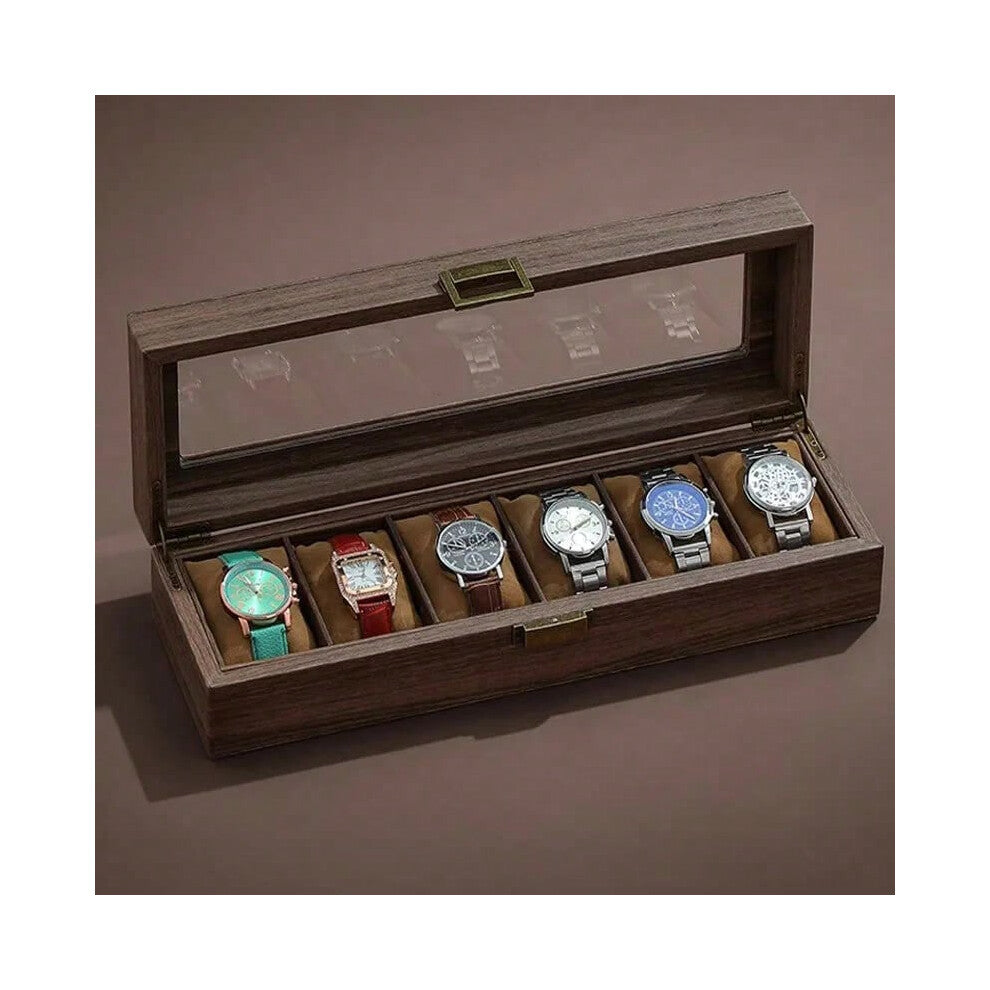 (Wood grain 6 only) PU Leather Watch Box Organizer Watch Case with Glass Top
