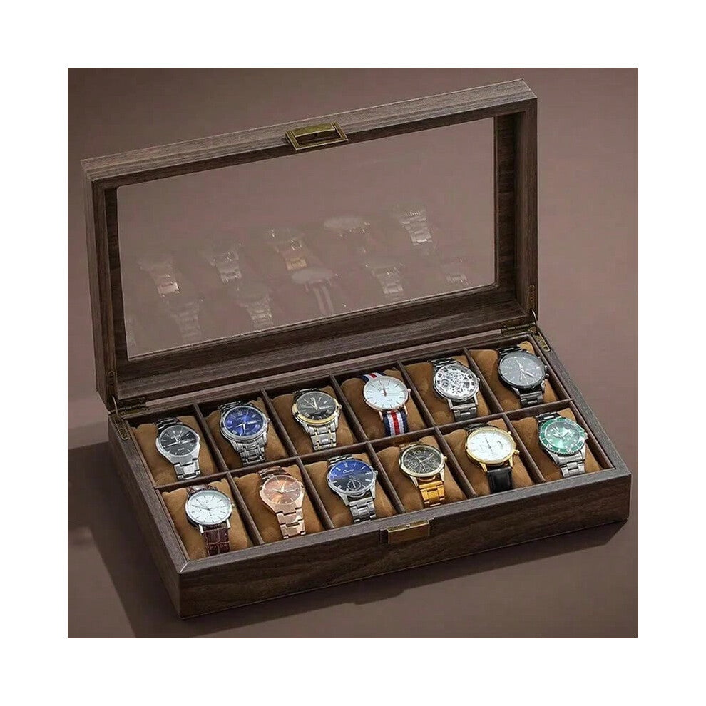 (Wood grain 12 only) PU Leather Watch Box Organizer Watch Case with Glass Top