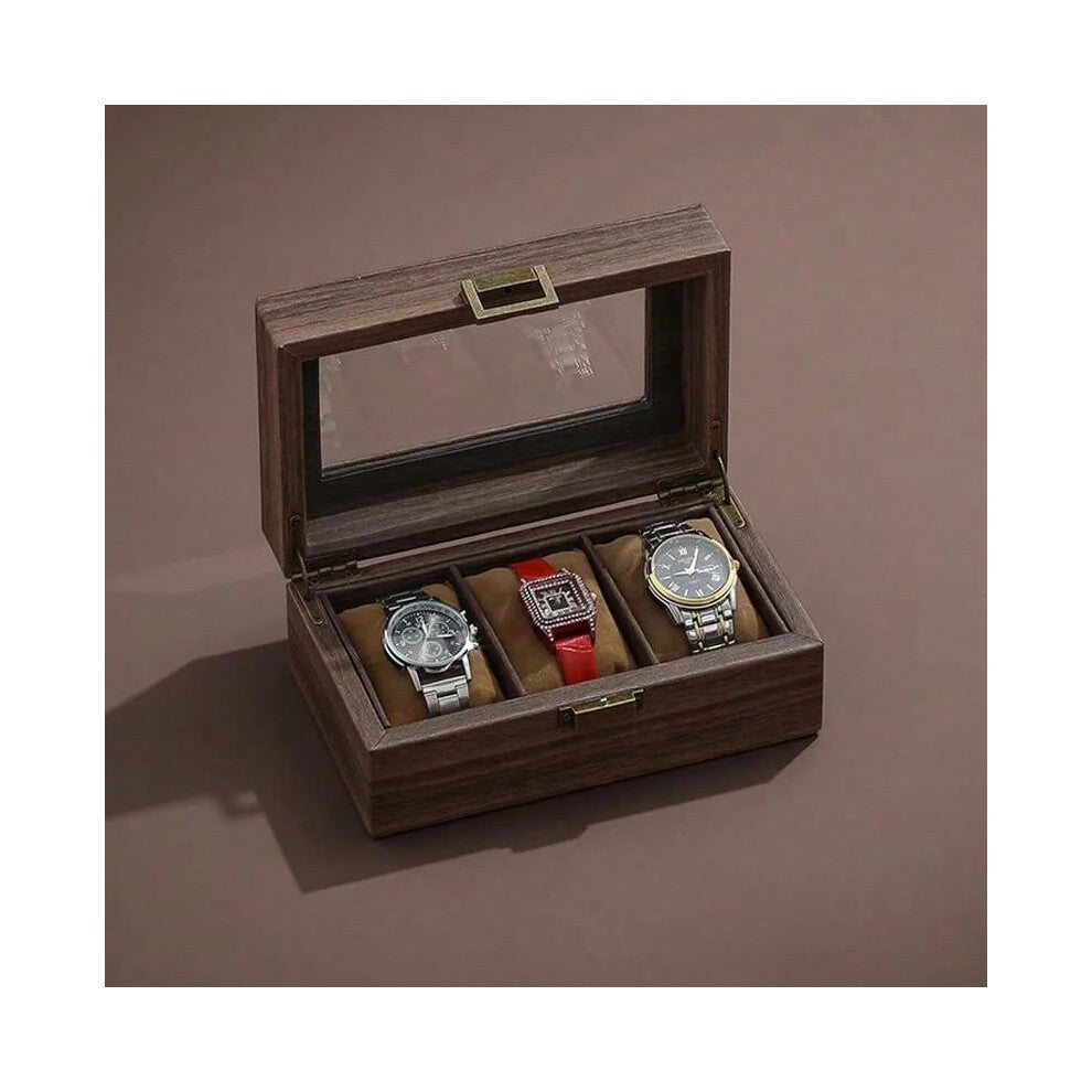 (Wood grain 3 only) PU Leather Watch Box Organizer Watch Case with Glass Top