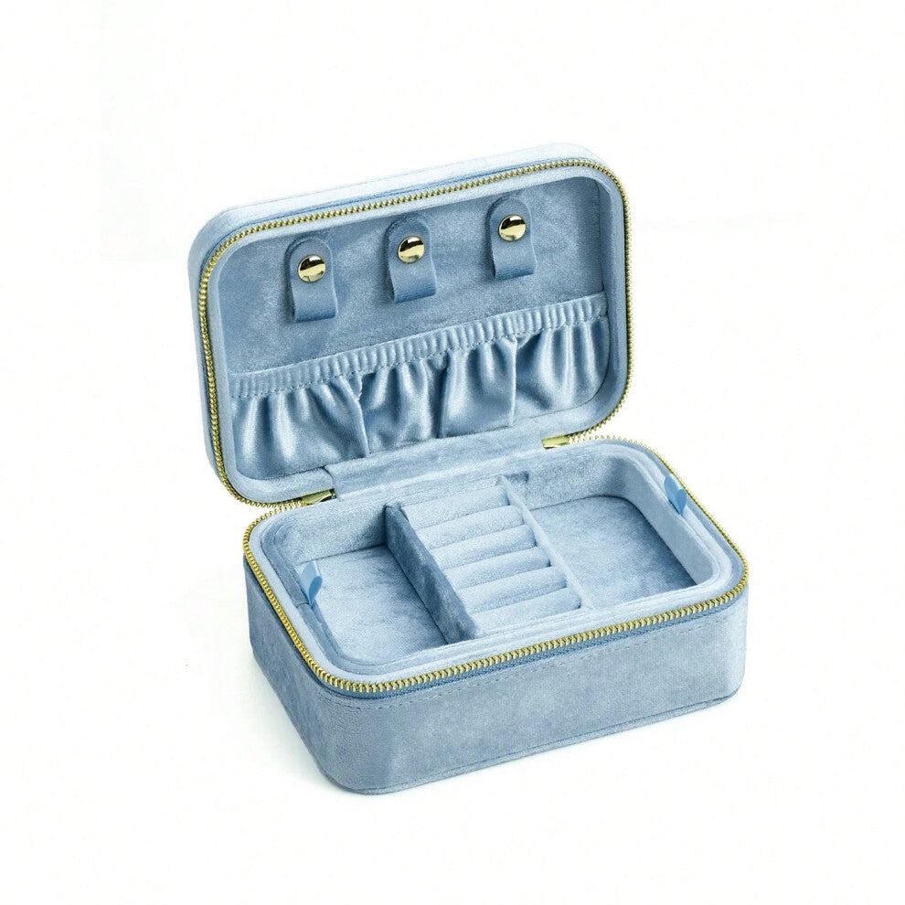 (G80-Skyblue, L) TAIMY Personalized Velvet Jewelry Box Double Layer Design High Capacity Travel Ring Necklace Earrings Jewellery Organizer