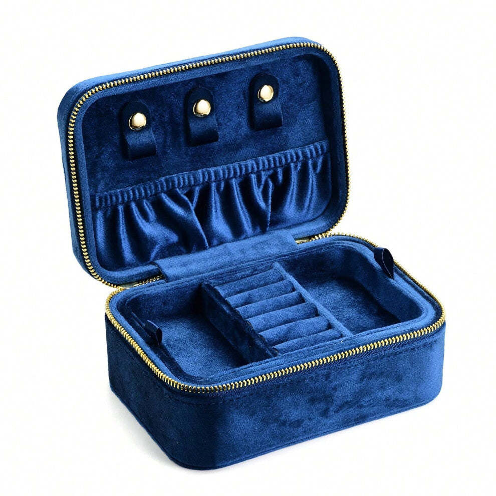 (G119-Blue, L) TAIMY Personalized Velvet Jewelry Box Double Layer Design High Capacity Travel Ring Necklace Earrings Jewellery Organizer
