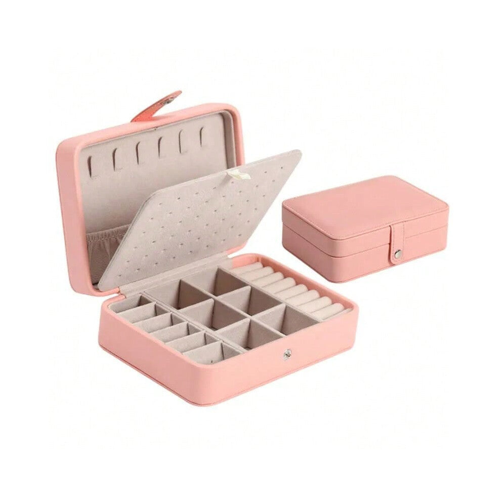 (A-Pink) Fashion PU Leather Jewellery Storage Boxes Portable Travel Jewelry Box Necklace Earrings Ring Jewelry Organizer Display Case