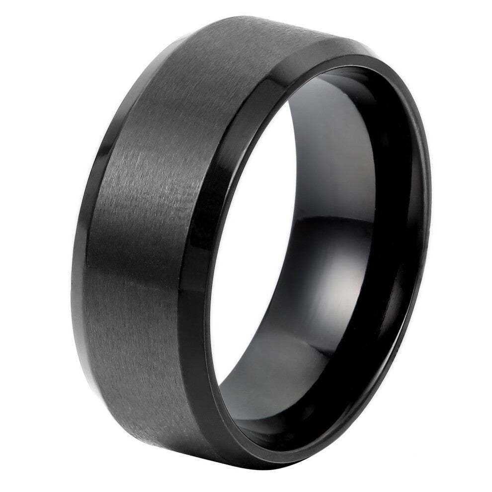 Men's Ring Black Personalised 8mm Retro Polished Black Stainless Steel Engraved Wedding Engagement Ring Size 54-74