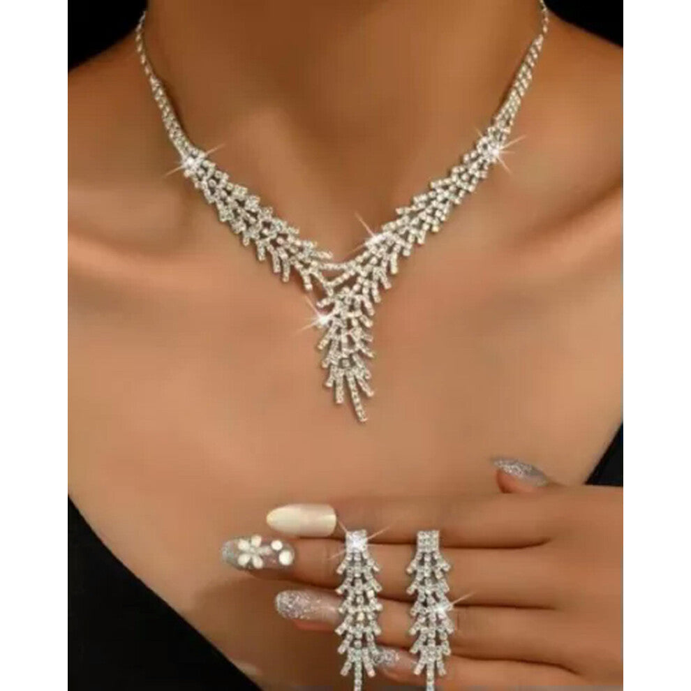 Silver-plated Crystal Rhinestone Necklace and Earrings Set for Elegant Brides, Women's Jewelry, Wedding Accessories, Silver-colored
