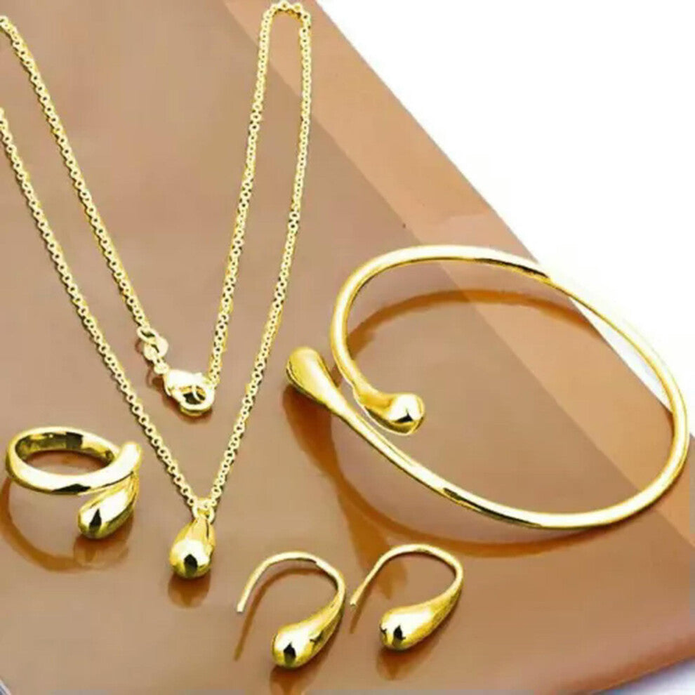 5 PCS Gold Jewelry Set Adjustable Necklace Bracelet Earrings Ring Fashion Accessories Gift