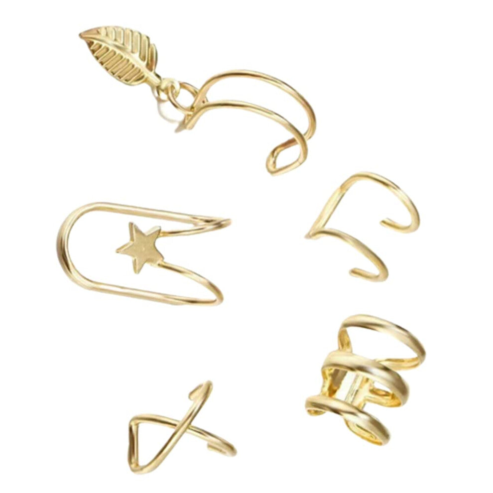 Ear Cuff Set of 5 Gold-Coloured Leaf Non-Piercing Ear Clips for Women, Fake Cartilage Earrings Accessories
