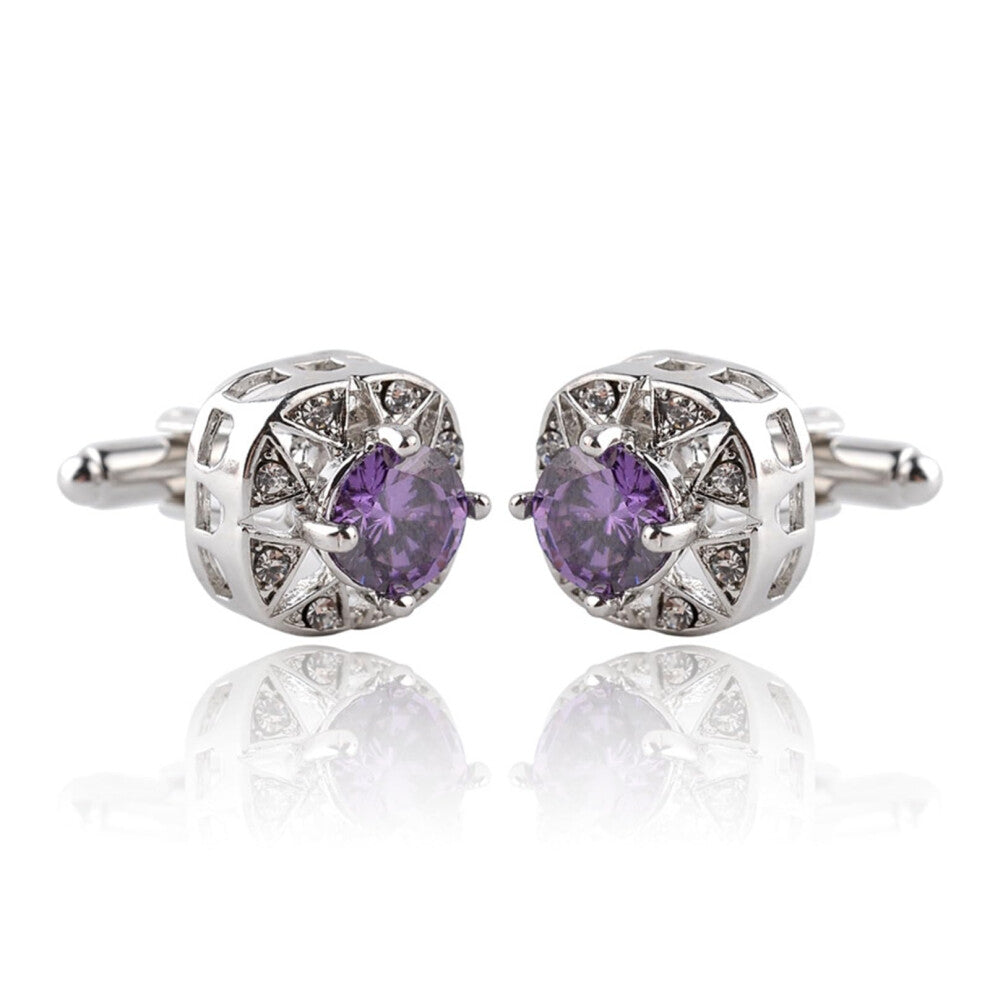 Purple Crystal Zirconia Round Cufflinks for Shirts, Wedding and Party Clothes, Elegant Jewelry in Silver