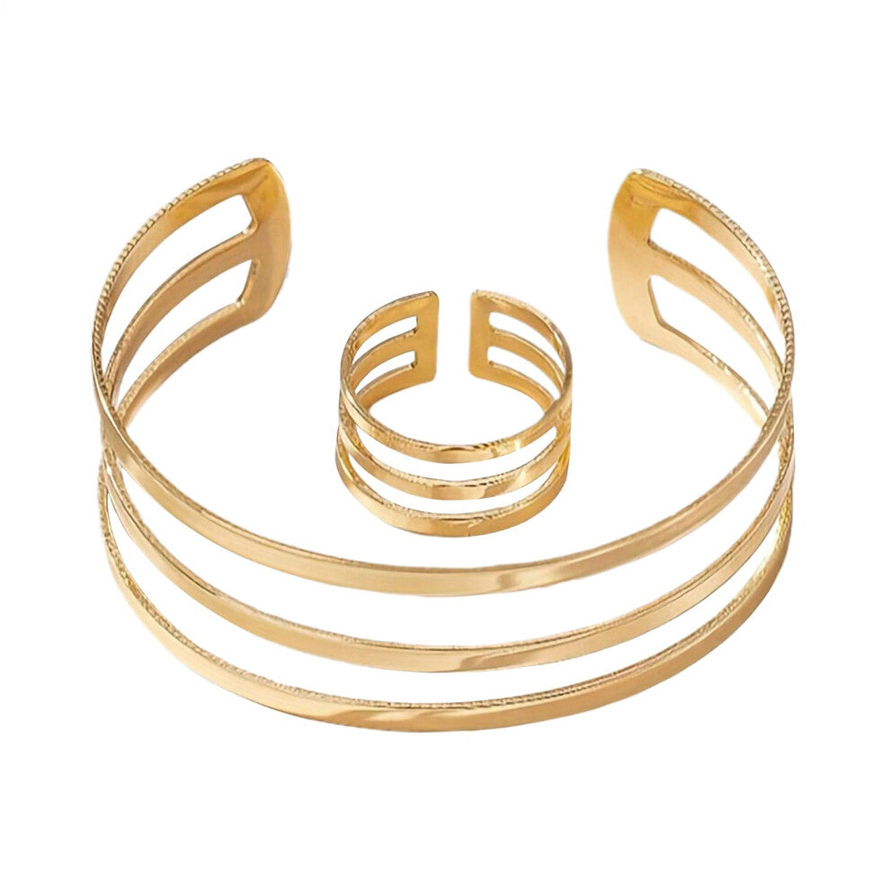 Gold Jewelry Set for Women, Trendy Stackable 3-Layer Hollow Cuff Bangles, 6 cm Aesthetic Accessories for Teens and Brides
