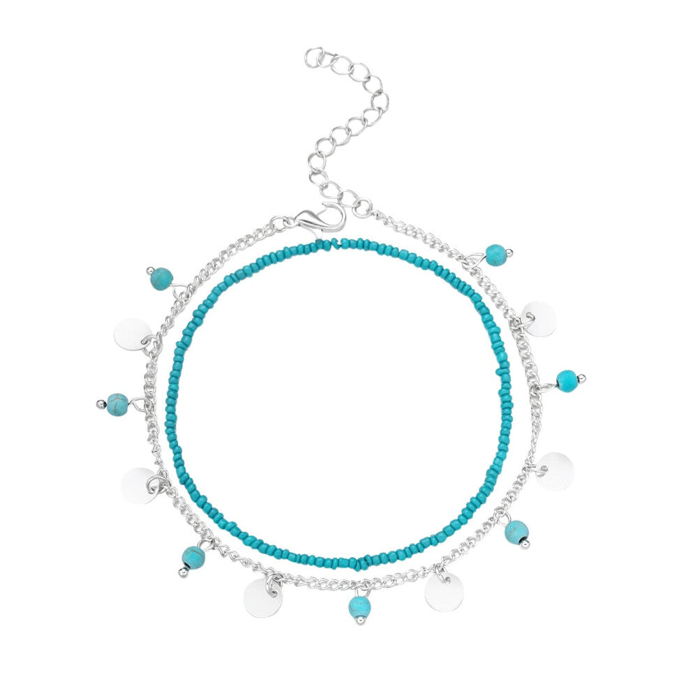 Anklet Silver Women Bohemian Turquoise Beads Sequins Foot Jewelry Beach Wedding Accessories Adjustable Size