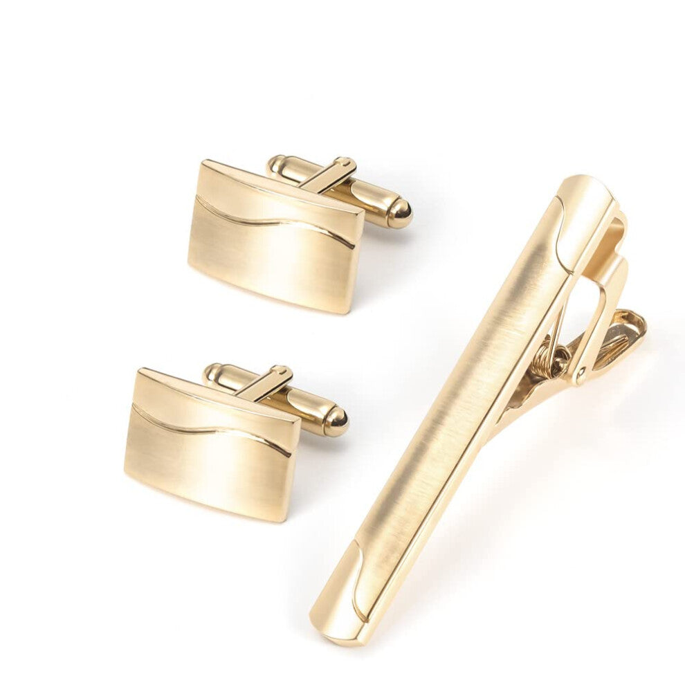 Jewelry Cufflinks Set for Men - Electroplated Gold Brushed Metal Shirt Cufflinks and French Tie Clip