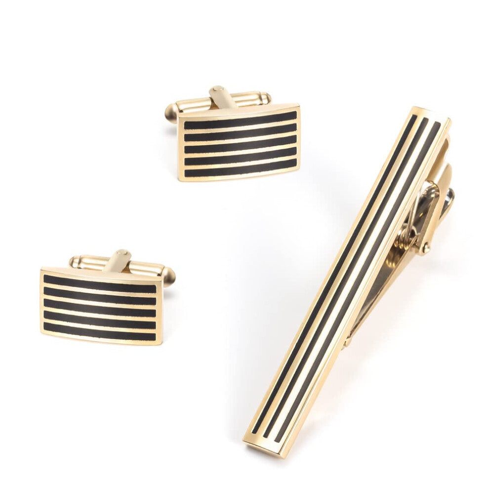 Jewelry Cufflinks Men's Shirt Cufflinks Set Gold Metal Stripe Design Business Fashion Tie Clip Cufflinks for Formal Attire