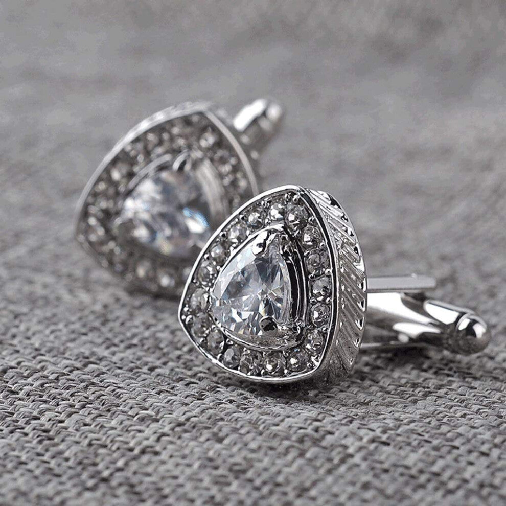 Classic Silver Triangle Cufflinks for Men and Women, Crystal Detail, Fashionable Shirt Cuff Links, Elegant Accessories