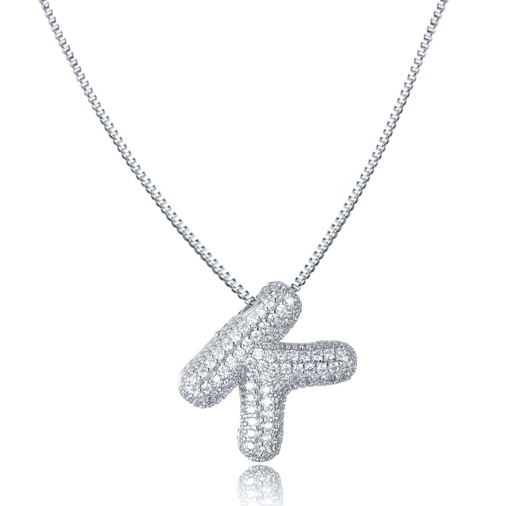 Damen Bubble Letter Kette Gold Silber Ice Out Ballon Halskette mit Initial Anhänger 45+5cm Silber K Schmuck
