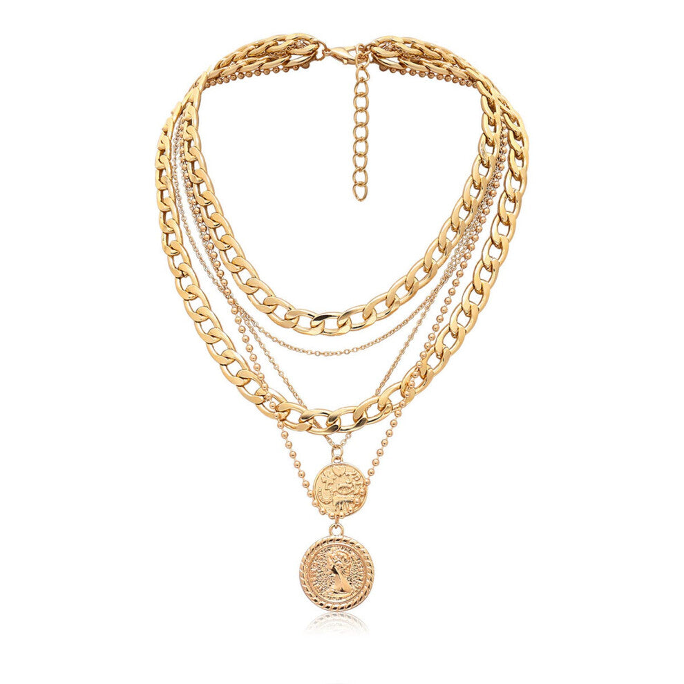 Punk Chunky Chain Necklace for Women - Layered Gold Cuban Link Choker with Carved Coin Pendant, Thick Statement Jewellery