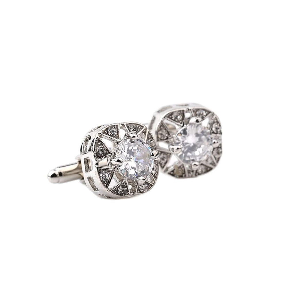 Cufflinks with Crystals, Silver Color, 2.1 cm x 2.1 cm, Rhinestone Design for Men's Dress Shirts, Stylish Accessory