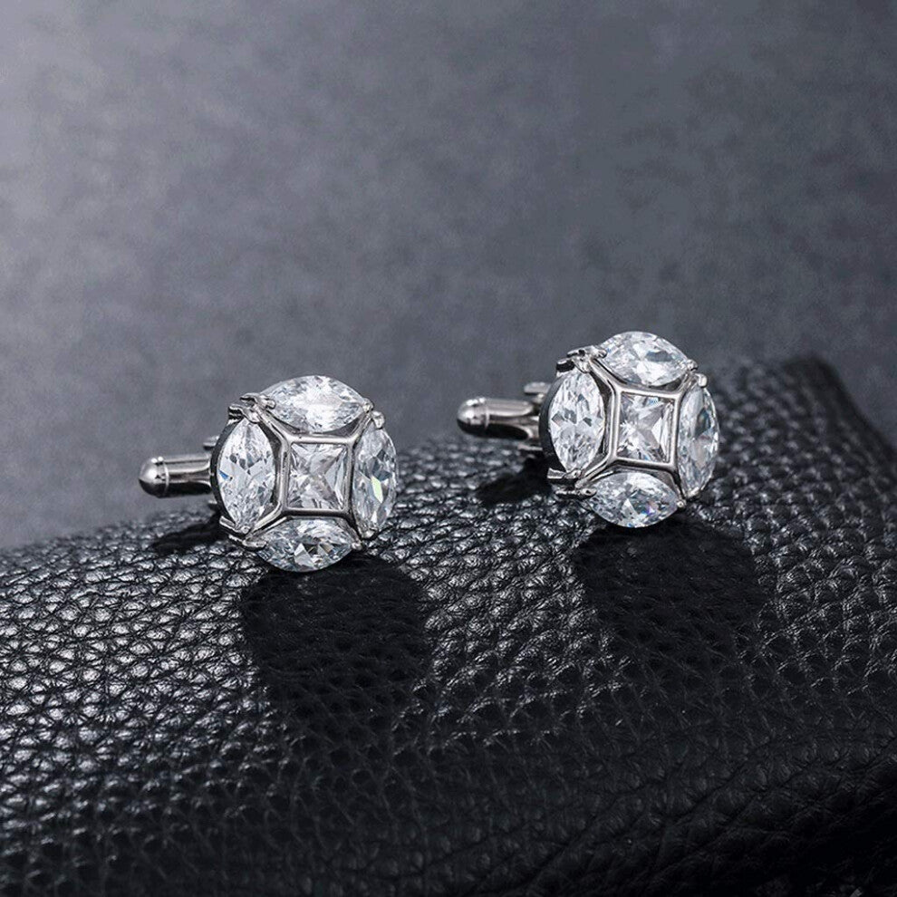 3A Marquise Cut Zirconia CZ Crystal Round Cufflinks for Men, Elegant Stainless Steel, High-Quality Accessories, Black and Silver