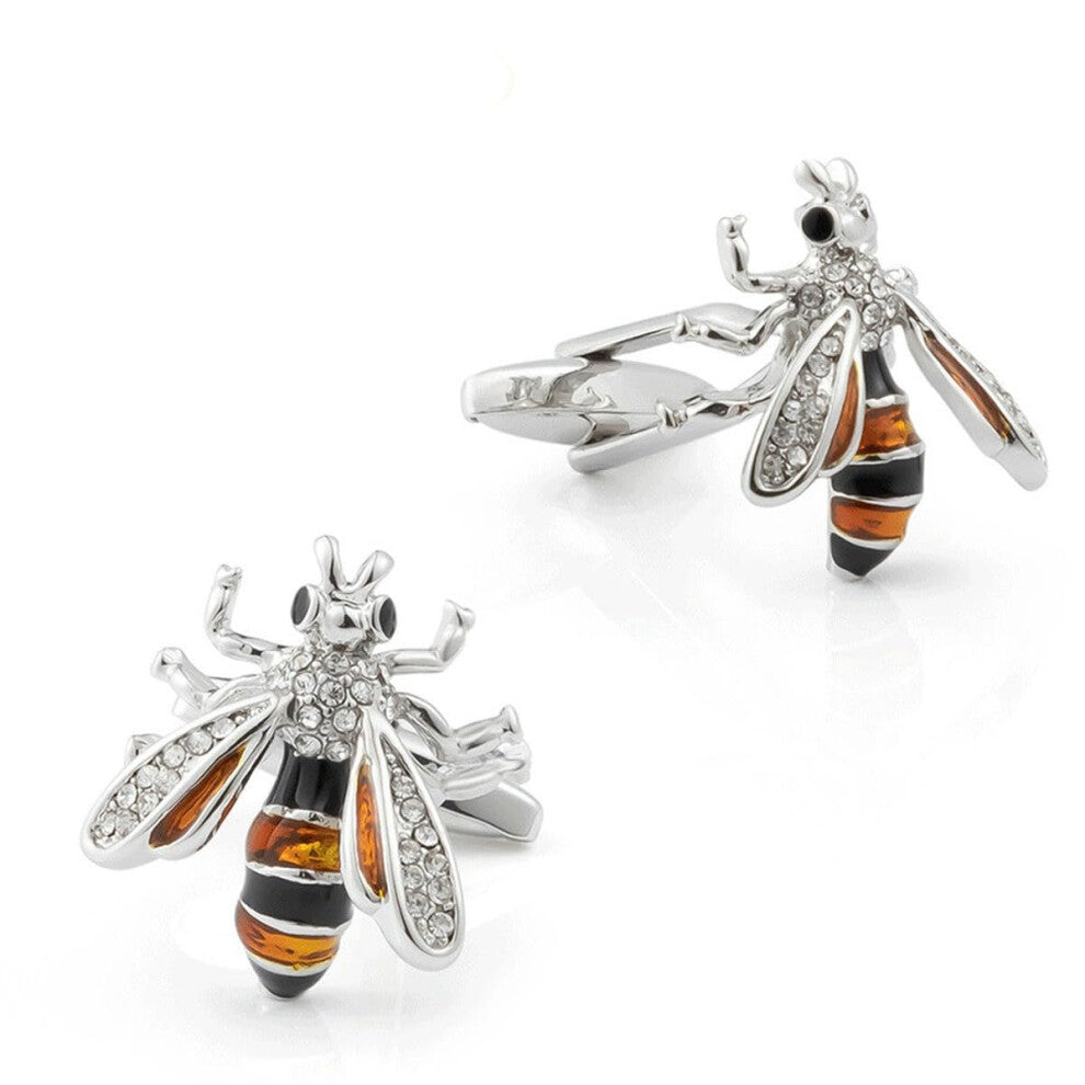 Bee Shaped Metal Cufflinks for Men with Diamond Inlay, Stylish Formal Accessories in Silver Finish