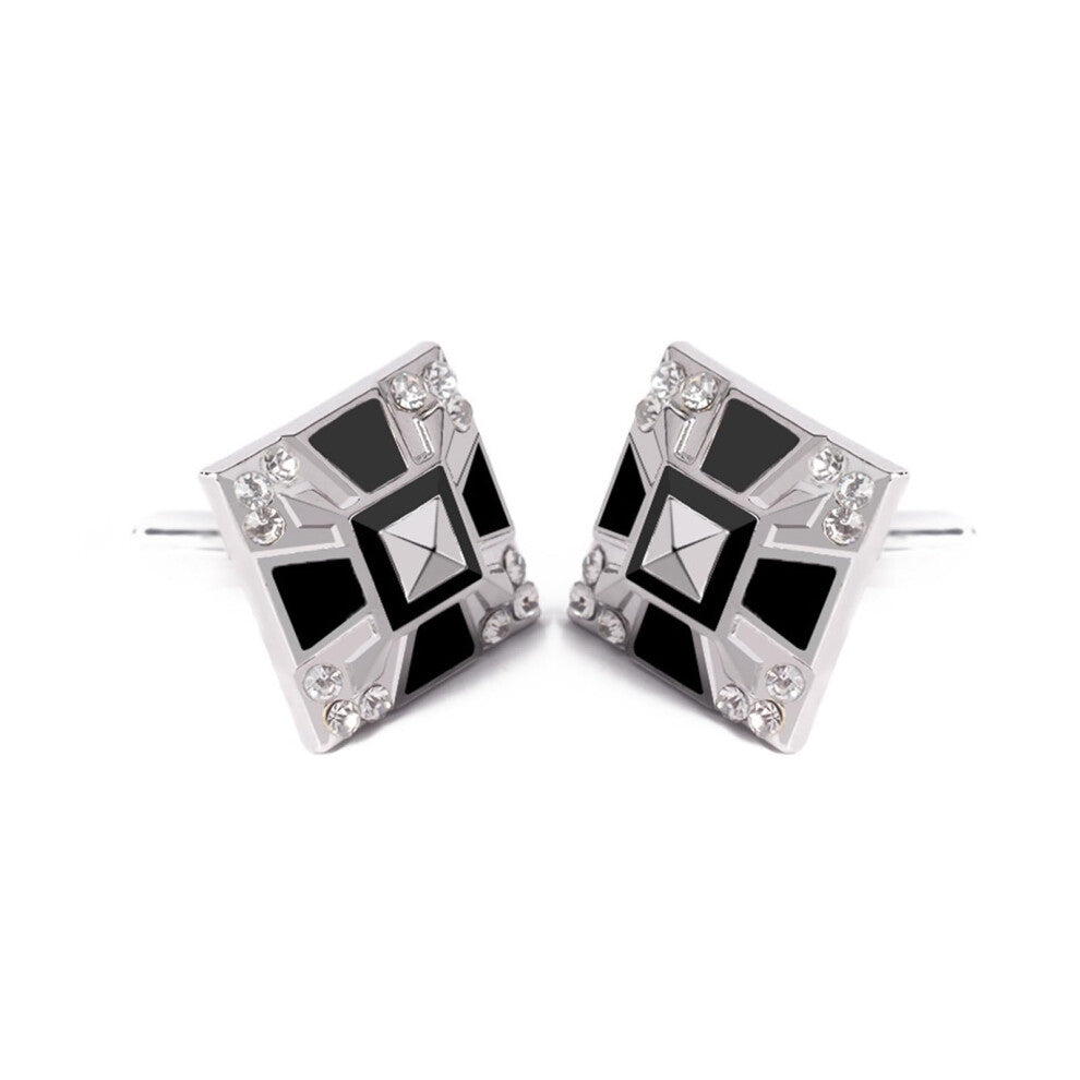 Cufflinks for Men Silver Black Square with White Round Zirconia for Business Wedding Gift Box
