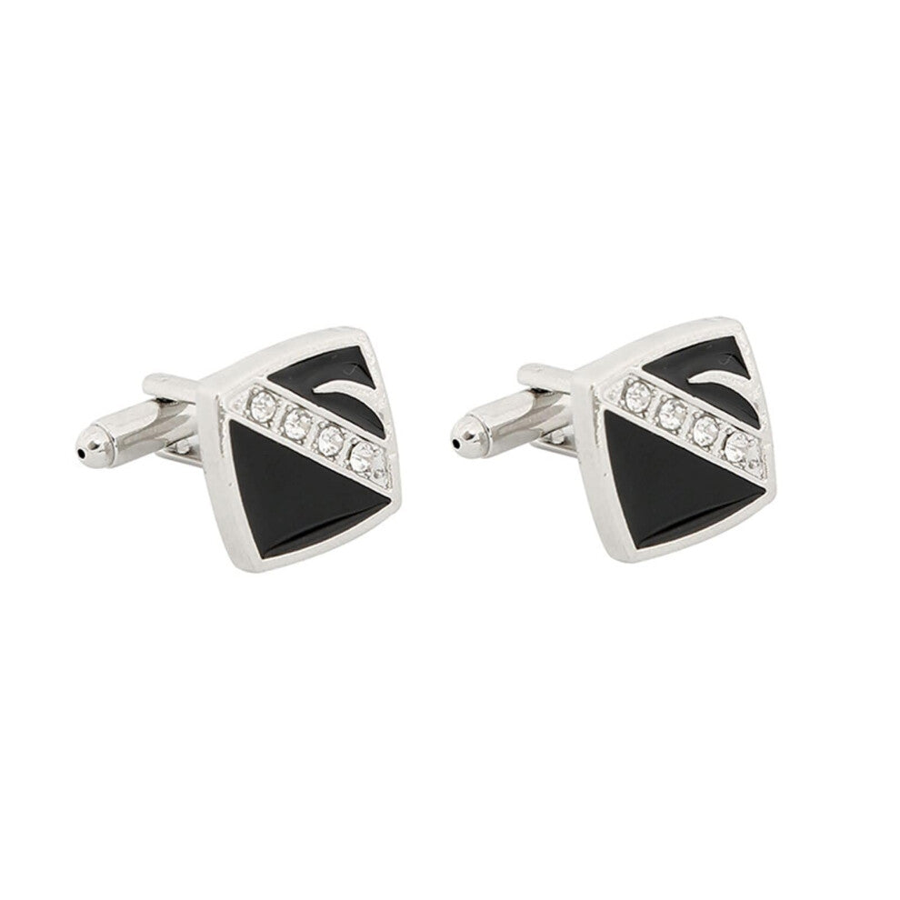 Cufflinks for Men Silver and Black Square Design with Zirconia, Alloy Material, Elegant Shirt Accessories