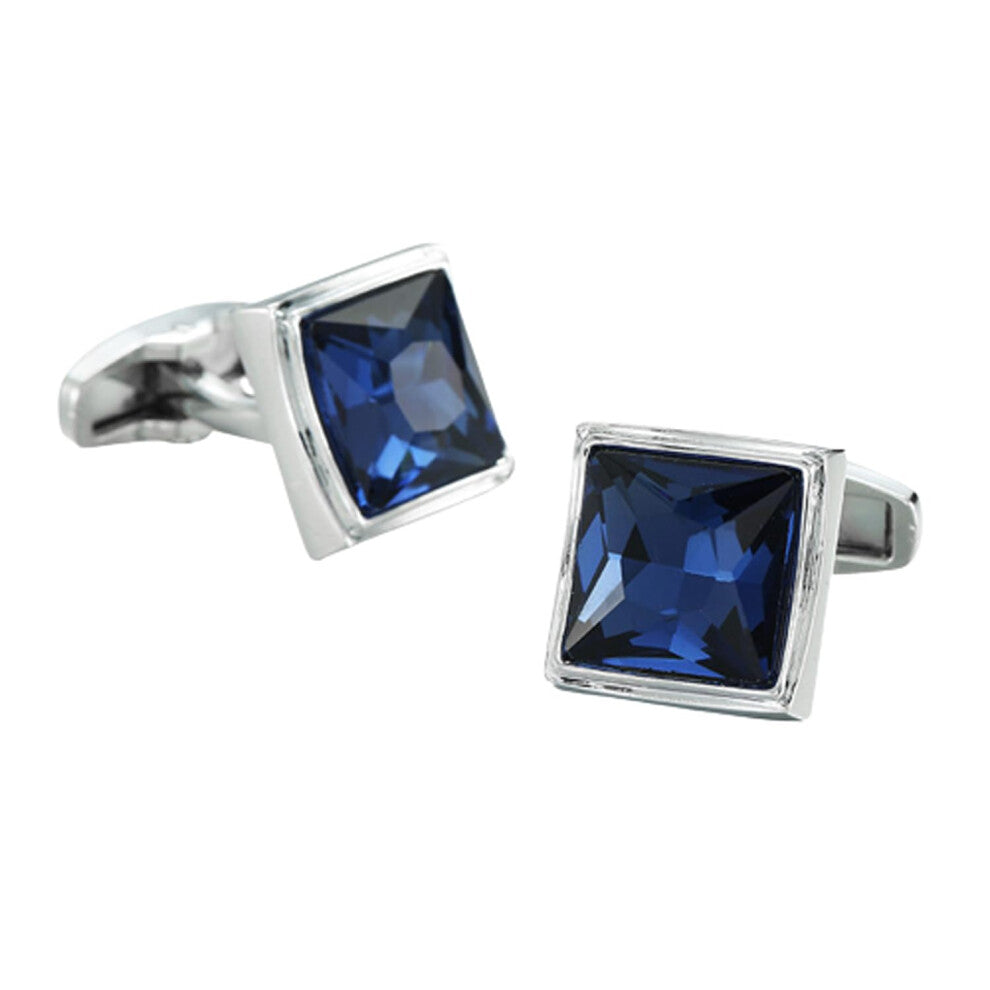 Blue Glass Cufflinks for Men, Round Crystal Wedding Cufflinks, Brass and Goldstone Design, Elegant Gift
