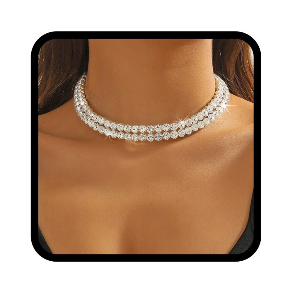 Rhinestone Choker Necklace for Women, Silver Glitter Crystal Layered Bridal Jewellery, Lightweight Fashion Accessory