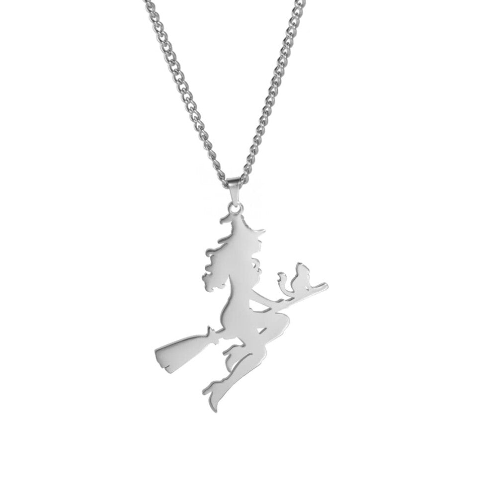 Magic Witch Broom Cat Pendant Necklace Silver Choker with Crescent Moon and Broom Handle for Halloween Gifts