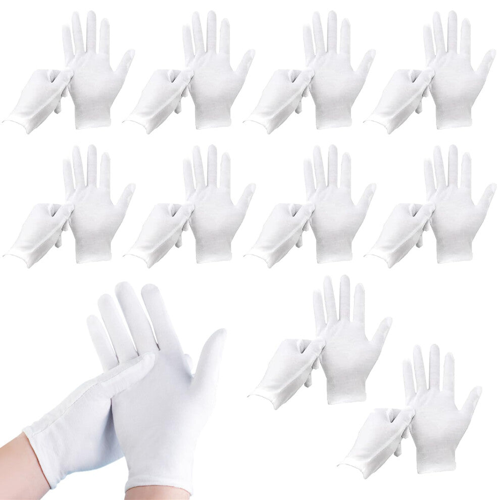 White Cotton Gloves 10 Pairs, Washable Fabric Gloves, Comfortable Stretchy Cloth for Skin Care and Jewellery Examination
