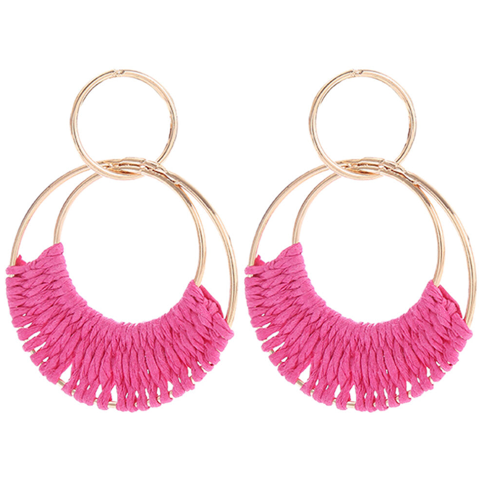 Bohemian Earrings Boho Jewellery For Women Raffia Wrapped Hoop Drop