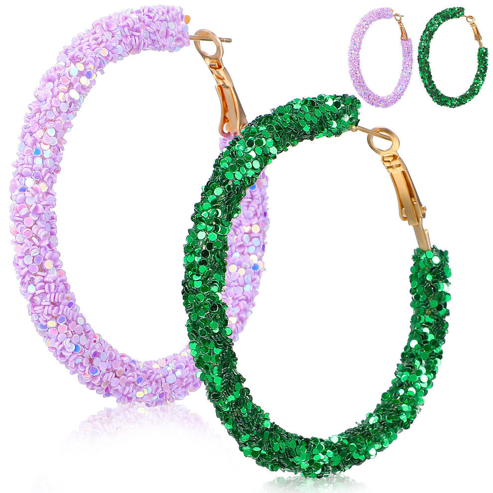 2 Pairs Glitter Statement Earrings Bohemian Hoop Circle Miss