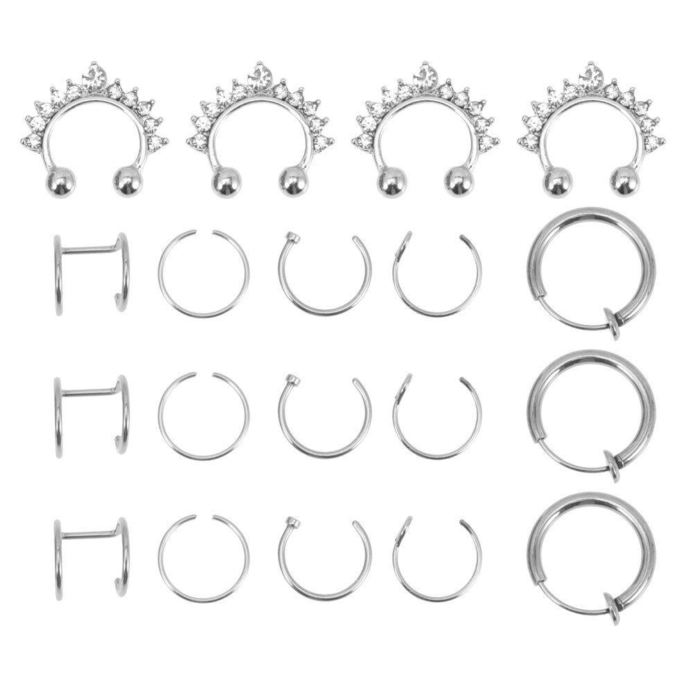 19 Pcs Ear Clip Nose Ring Set Women'S Miss Jewellery Piercing Cuff