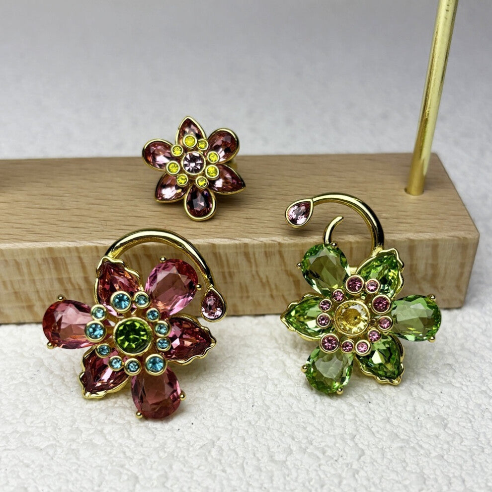 (green) Original Charms New Fine Jewelry Set Three Flowers Earrings Pink Necklace Bracelet Rings for Women Romantic Accessories