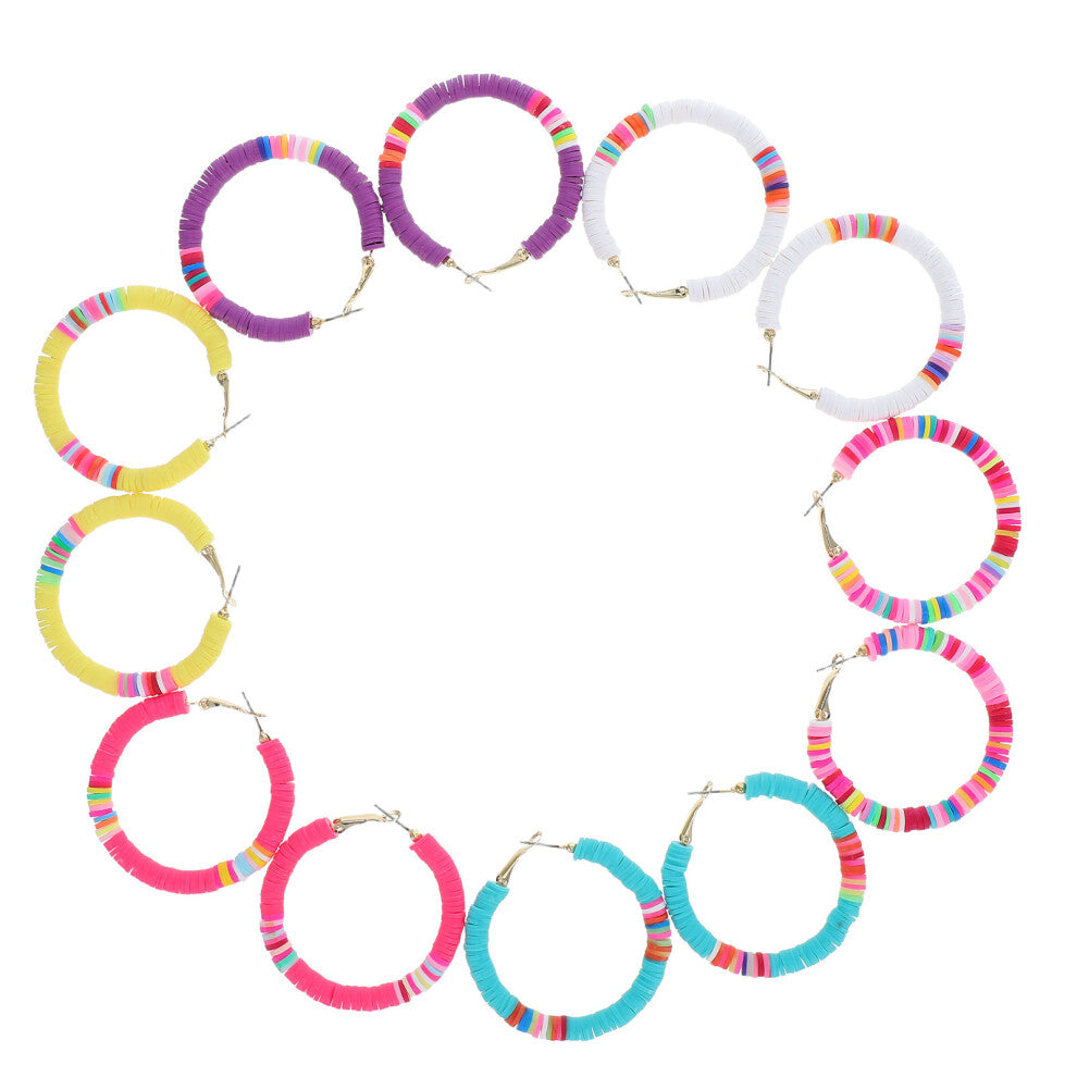 6 Pairs Colorful Polymer Clay Earrings Set Beads Open Hoops Boho