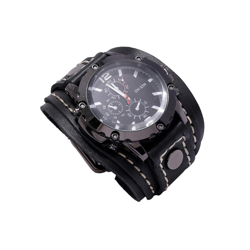 (Black) Men Wrist Watches Male Watch Bangles Comfortable Wide Leather Strap