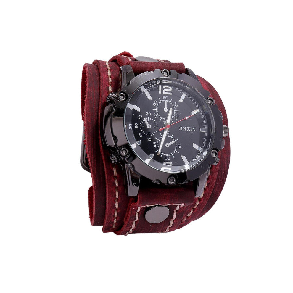 (Red) Men Wrist Watches Male Watch Bangles Comfortable Wide Leather Strap