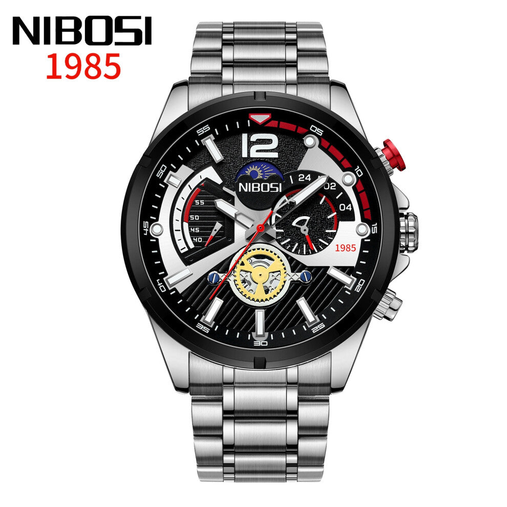 (Steel black ring steel belt) Men's watches, waterproof luminous quartz watches, multi-functional six-hand men's watches, sports watches