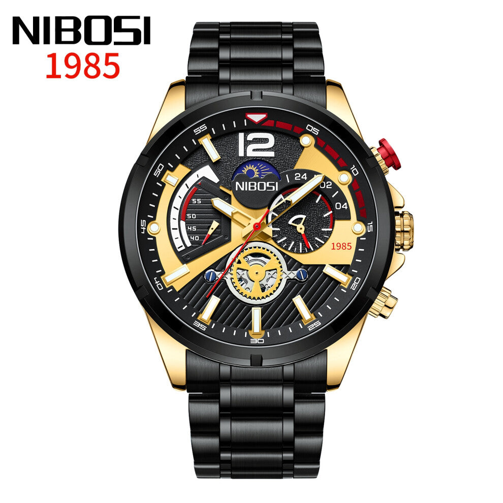 (Gold and black steel belt) Men's watches, waterproof luminous quartz watches, multi-functional six-hand men's watches, sports watches