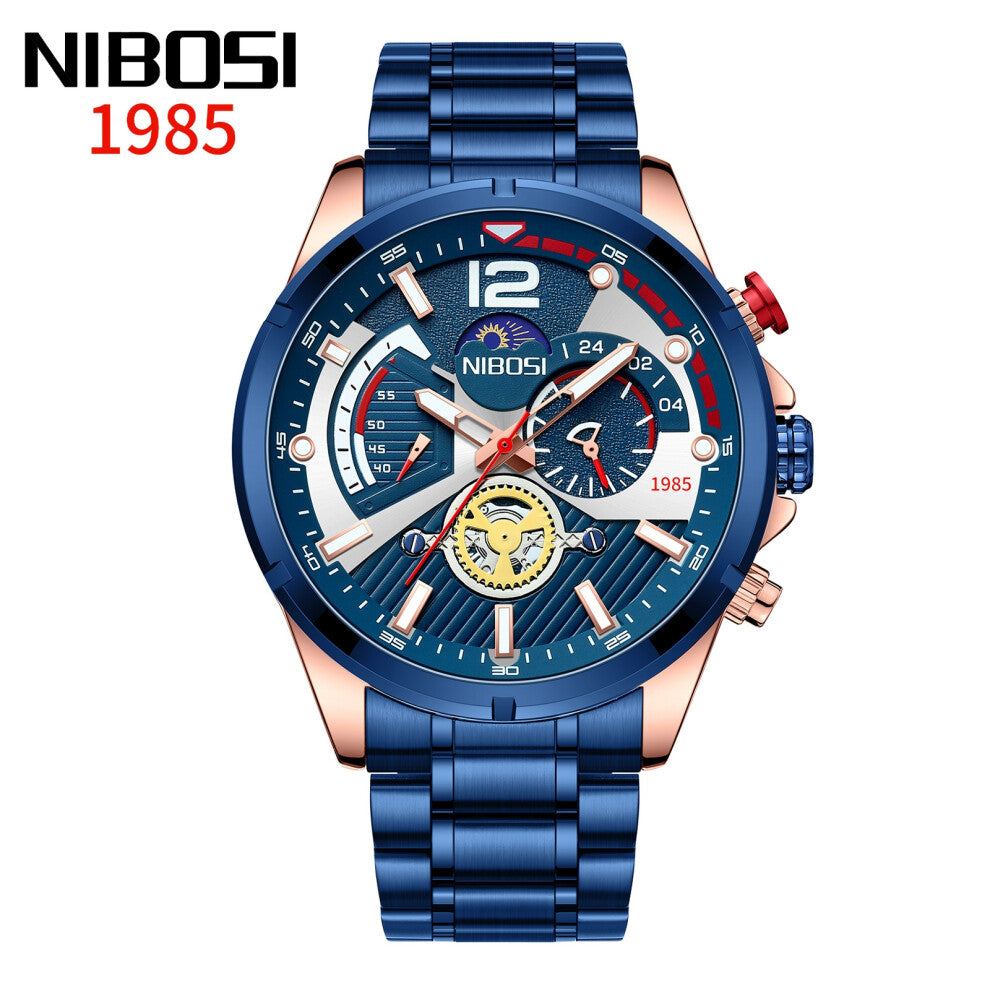 (Rose blue bezel steel band) Men's watches, waterproof luminous quartz watches, multi-functional six-hand men's watches, sports watches