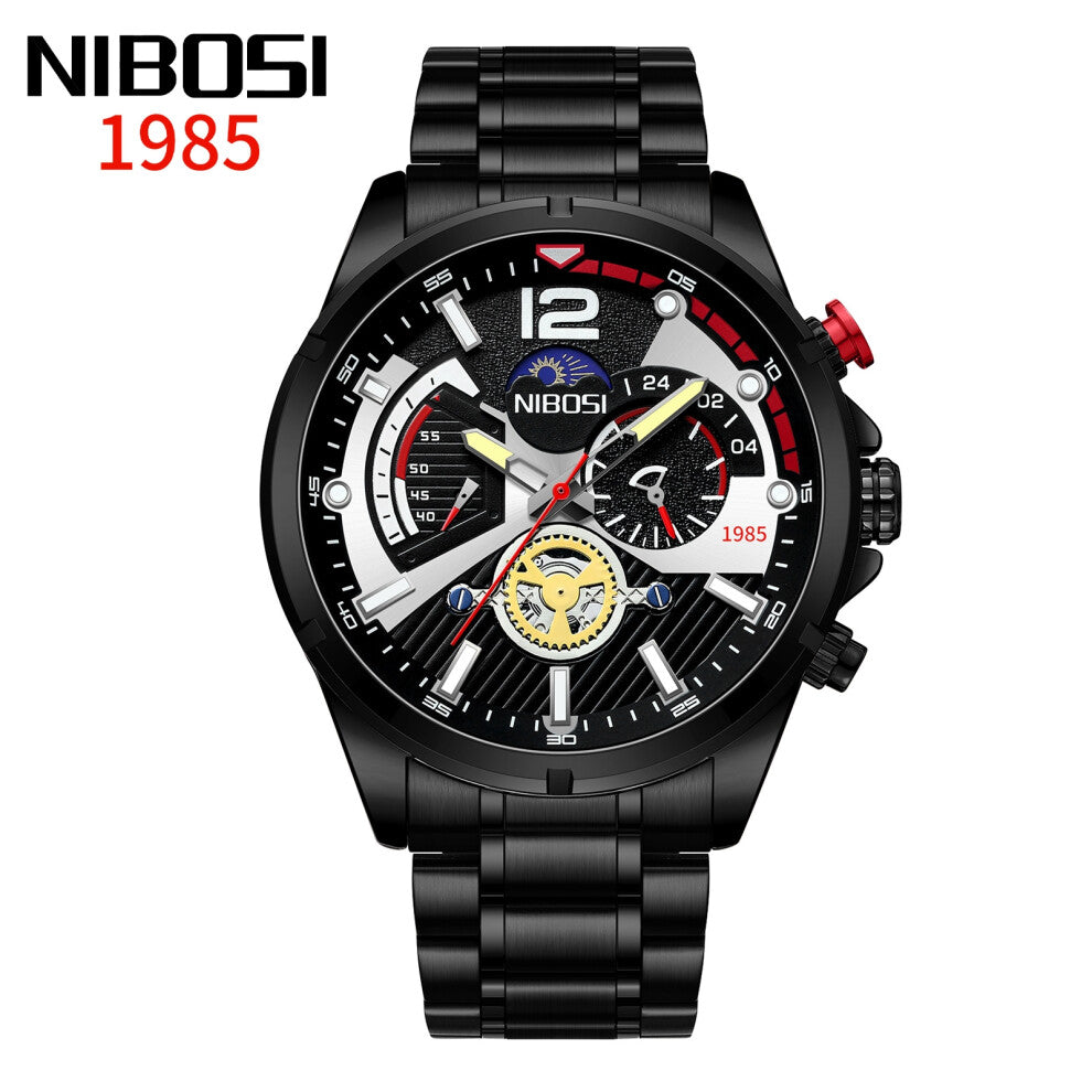 (All-black steel belt) Men's watches, waterproof luminous quartz watches, multi-functional six-hand men's watches, sports watches