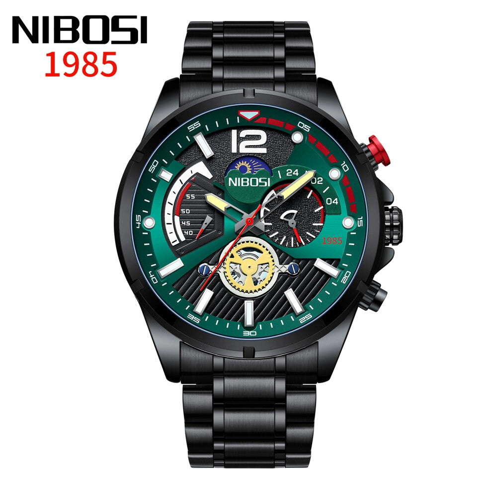 (All-black and green-faced steel band) Men's watches, waterproof luminous quartz watches, multi-functional six-hand men's watches, sports watches