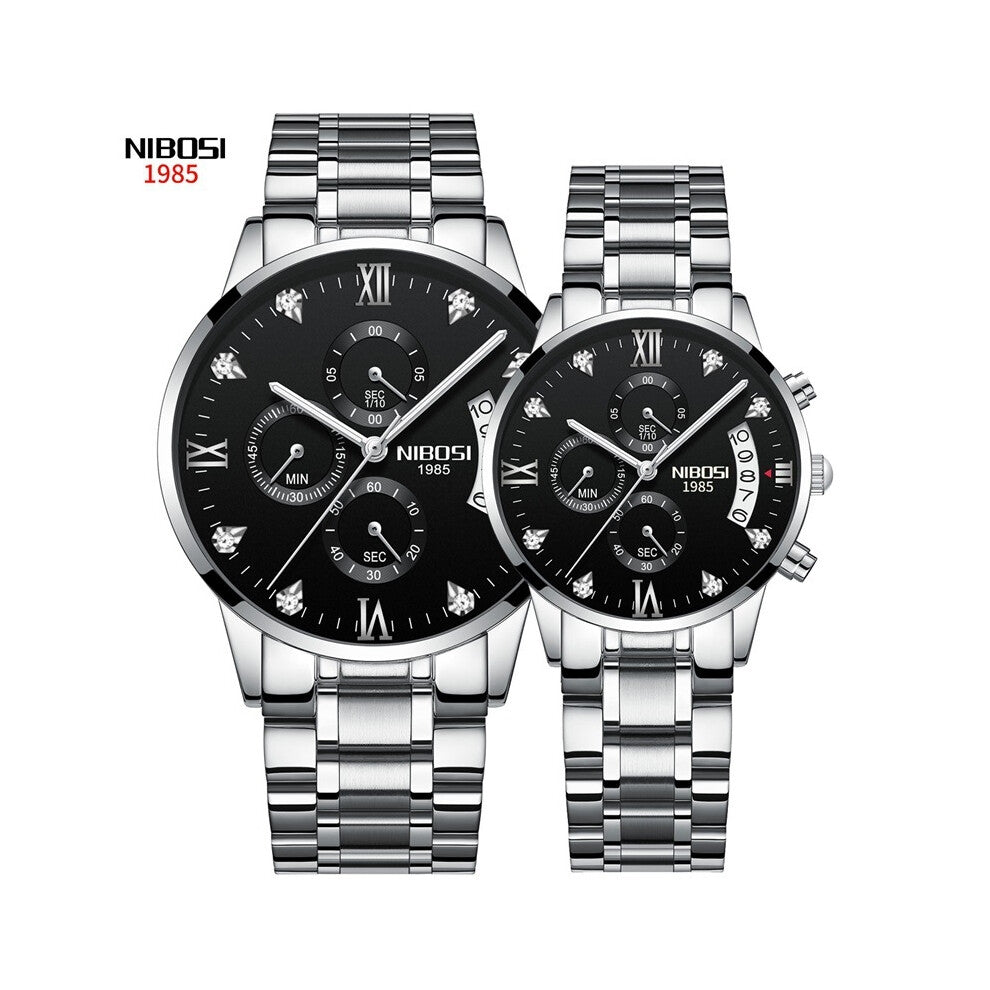 (Steel black steel band couple watches) New butterfly buckle solid steel band men's watch with luminous waterproof and diamond-encrusted British watch