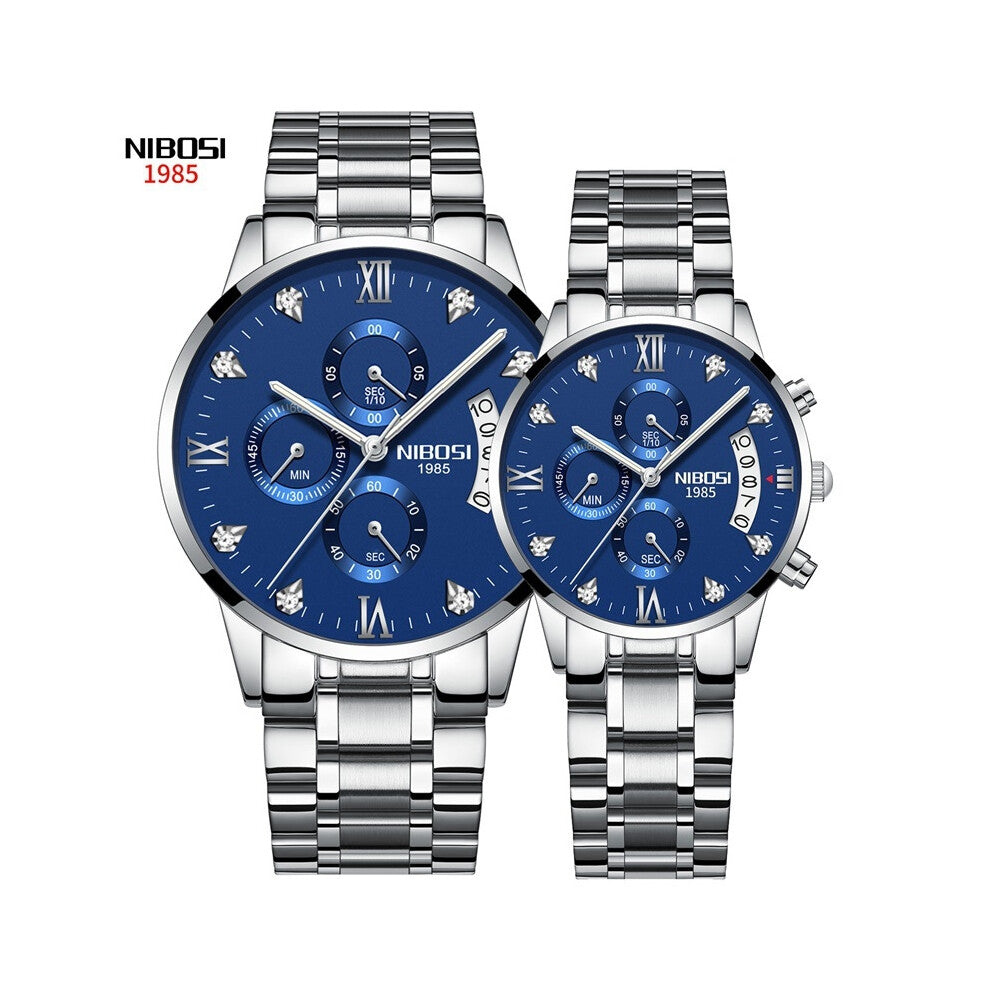 (Steel blue steel band couple watches) New butterfly buckle solid steel band men's watch with luminous waterproof and diamond-encrusted British watch