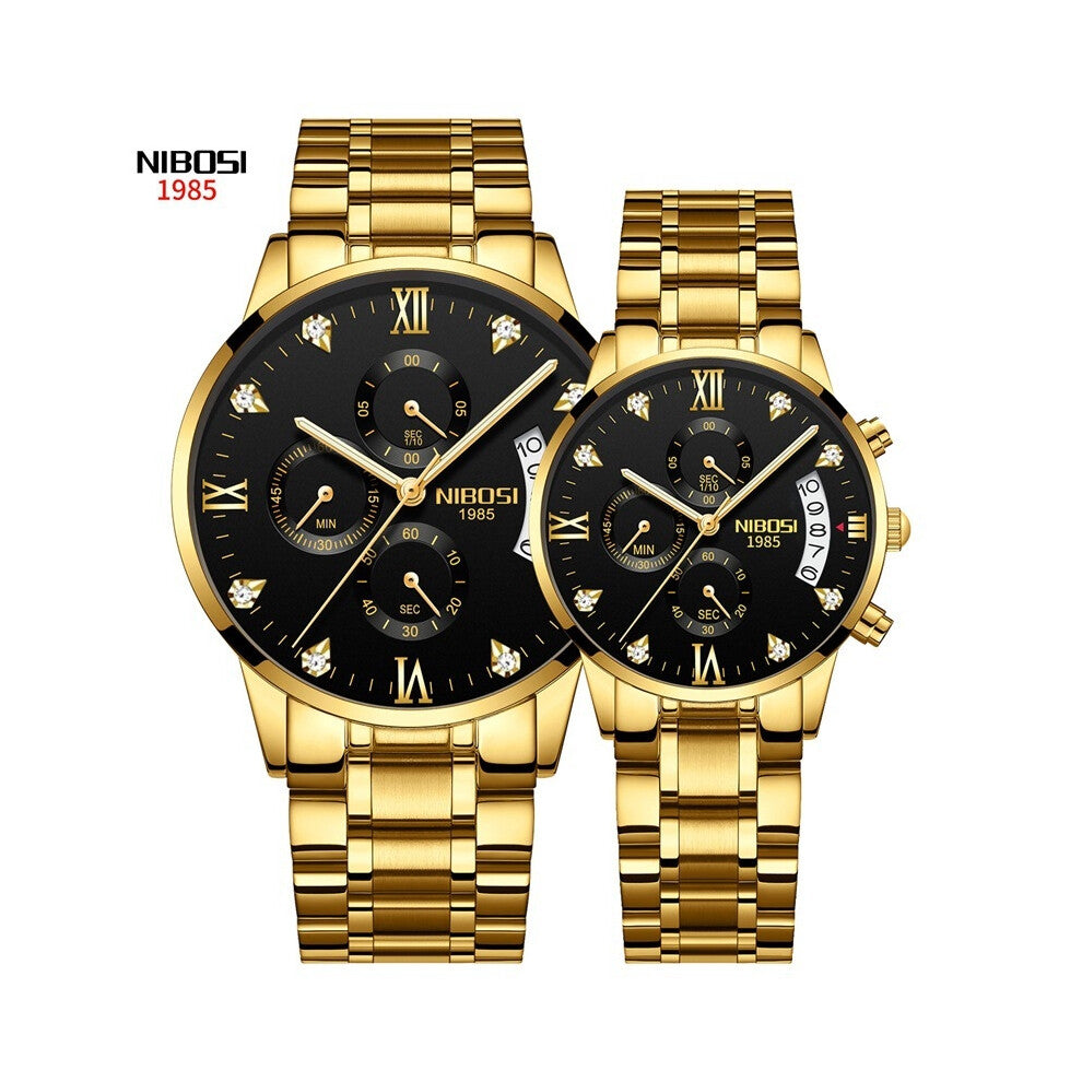 (Gold and black steel band couple watches) New butterfly buckle solid steel band men's watch with luminous waterproof and diamond-encrusted British wa