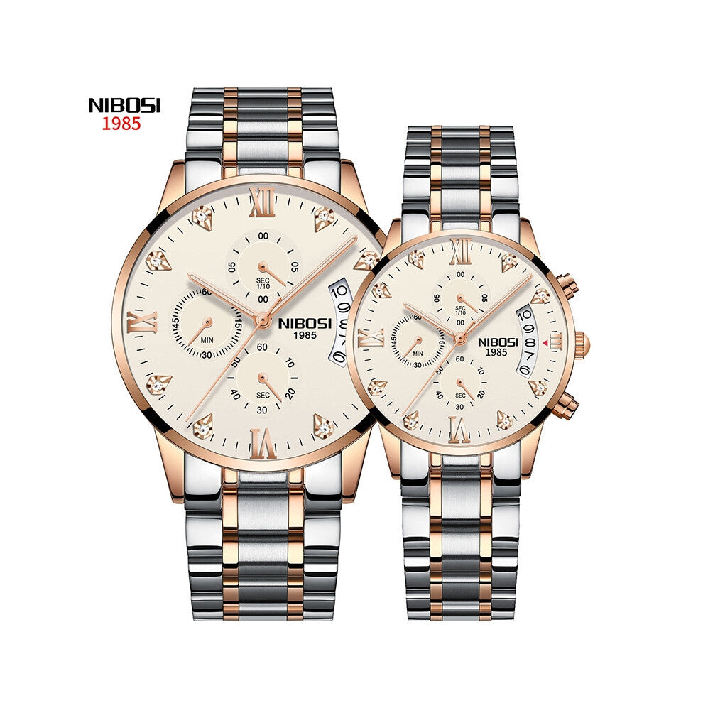 (White steel band couple watches) New butterfly buckle solid steel band men's watch with luminous waterproof and diamond-encrusted British watch