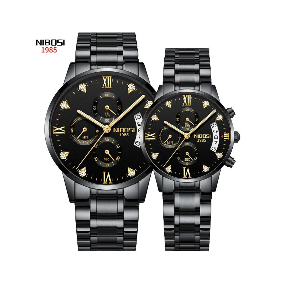 (All-black couple watches with gold nails and steel straps) New butterfly buckle solid steel band men's watch with luminous waterproof and diamond-enc