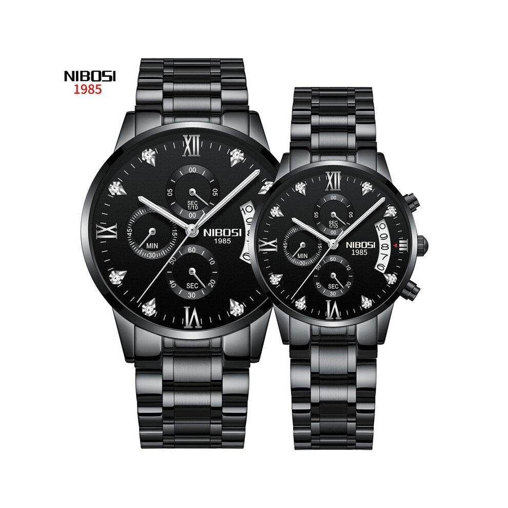 (All-black couple watches with silver nails and steel straps) New butterfly buckle solid steel band men's watch with luminous waterproof and diamond-e