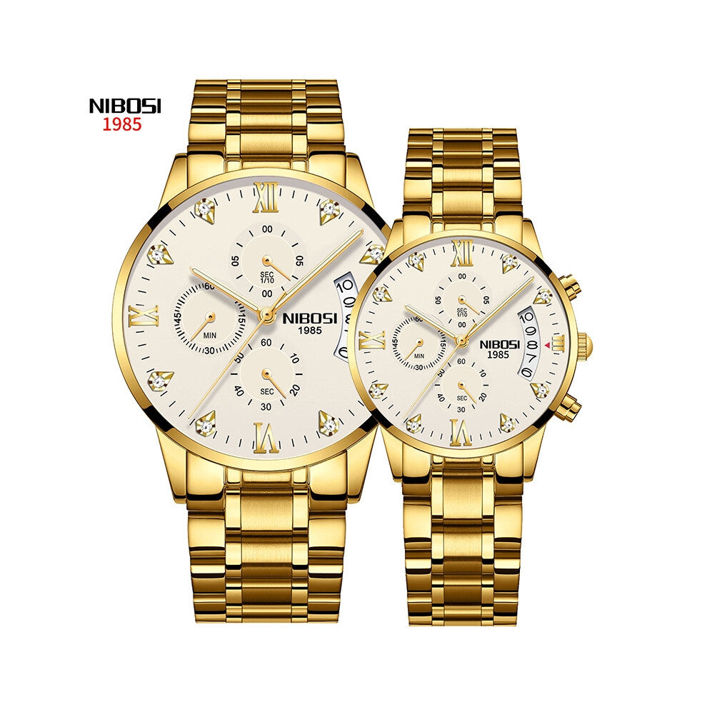 (All-gold white dial couple watches) New butterfly buckle solid steel band men's watch with luminous waterproof and diamond-encrusted British watch