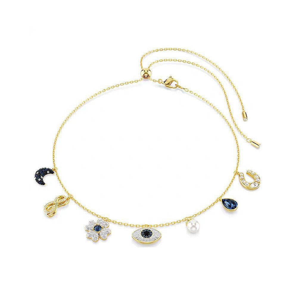 (Golden lucky horseshoe necklace) Devil's Eye Lucky Palm Horseshoe Necklace for Women, Swarovski Element Crystal Collarbone chain for women.