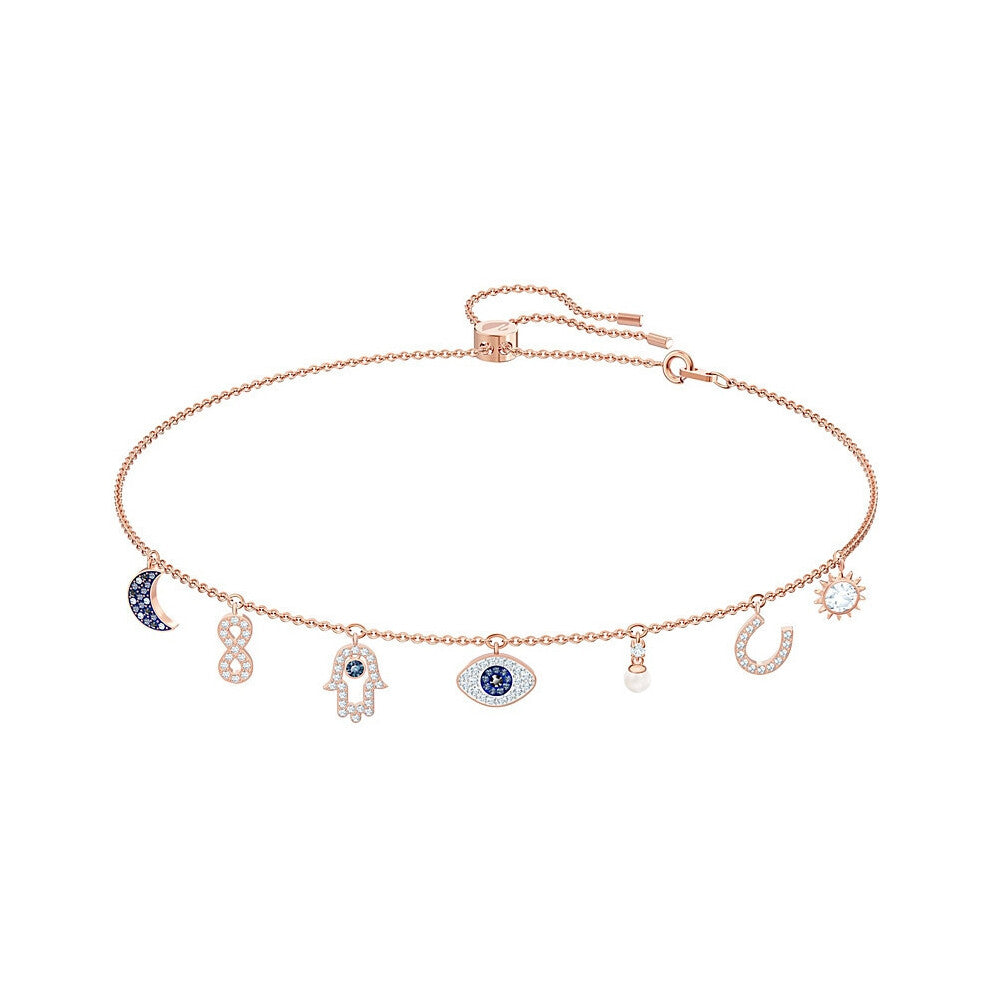 (Rose gold lucky horseshoe necklace) Devil's Eye Lucky Palm Horseshoe Necklace for Women, Swarovski Element Crystal Collarbone chain for women.