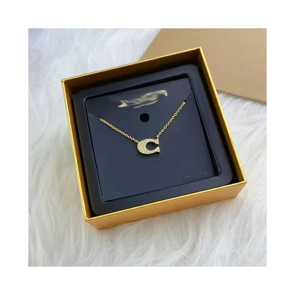 (Golden necklace) C-shaped full diamond necklace and bracelet for women, fashionable, simple, elegant and high-end. 100 design collarbone chain