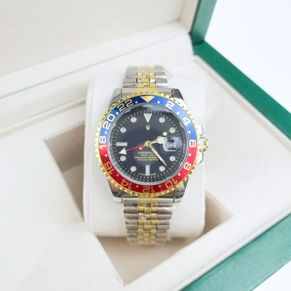 (34) Green, black and blue solid steel band luminous waterproof quartz watch with Japanese imported movement